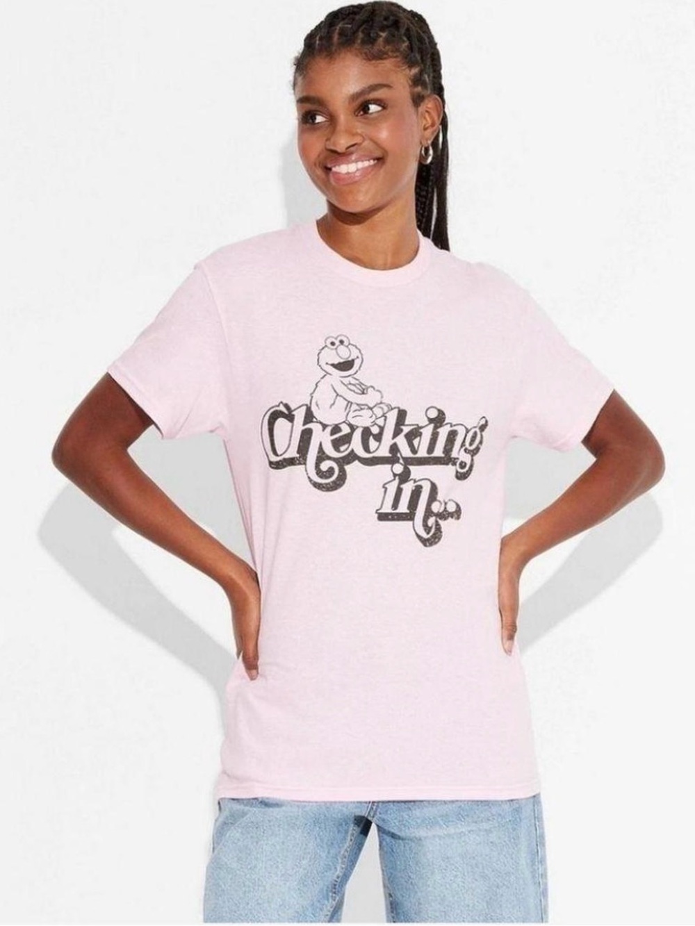 Sesame Street Pink "Checking In" Short Sleeve Tee
